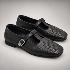 Black Washed Cowhide Woven Mary Jane Flats