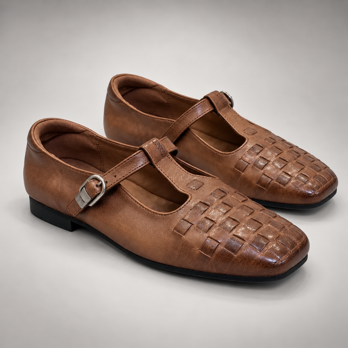 Brown Washed Cowhide Woven Mary Jane Flats