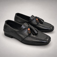 Black Washed Cowhide Tassel Loafers