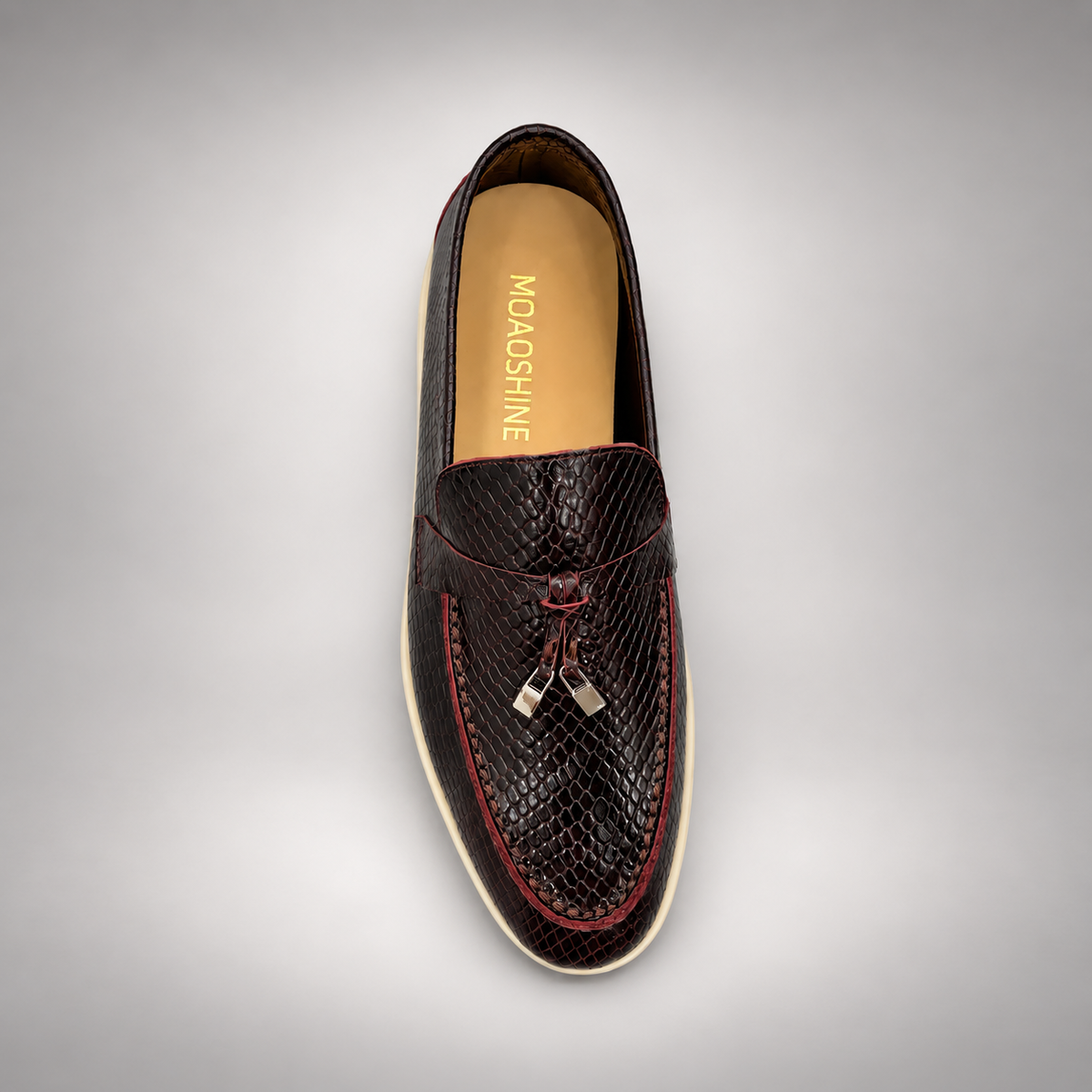 Burgundy Leather Snake-Embossed Tassel Loafers