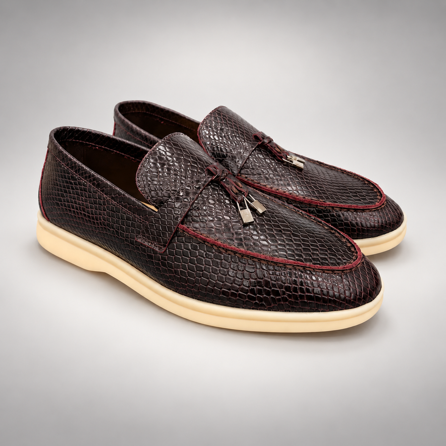 Burgundy Leather Snake-Embossed Tassel Loafers
