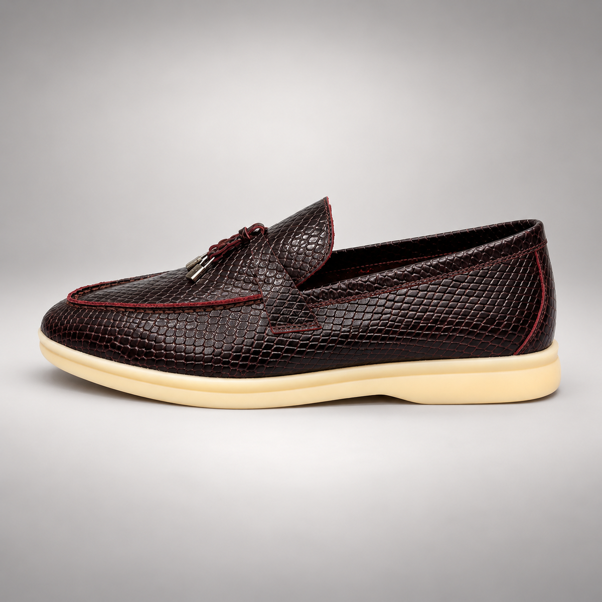 Burgundy Leather Snake-Embossed Tassel Loafers