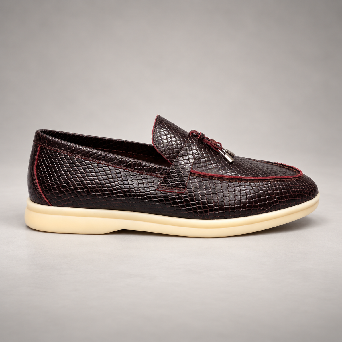 Burgundy Leather Snake-Embossed Tassel Loafers