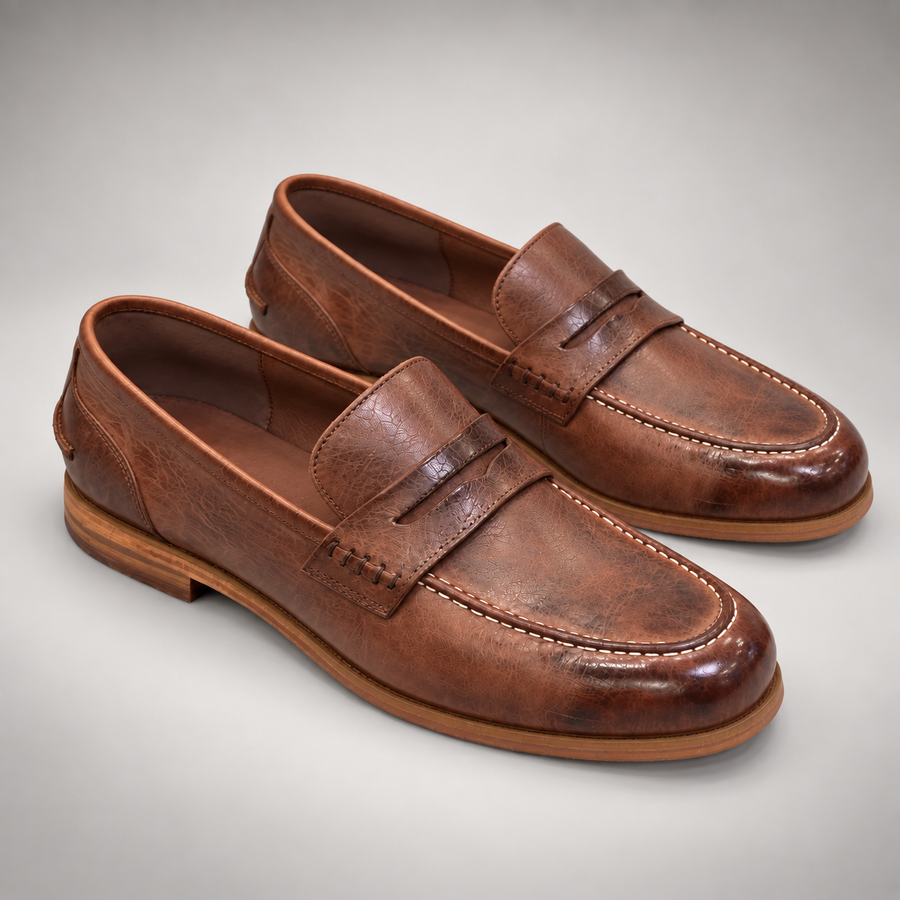 Brown Washed Cowhide Penny Loafers