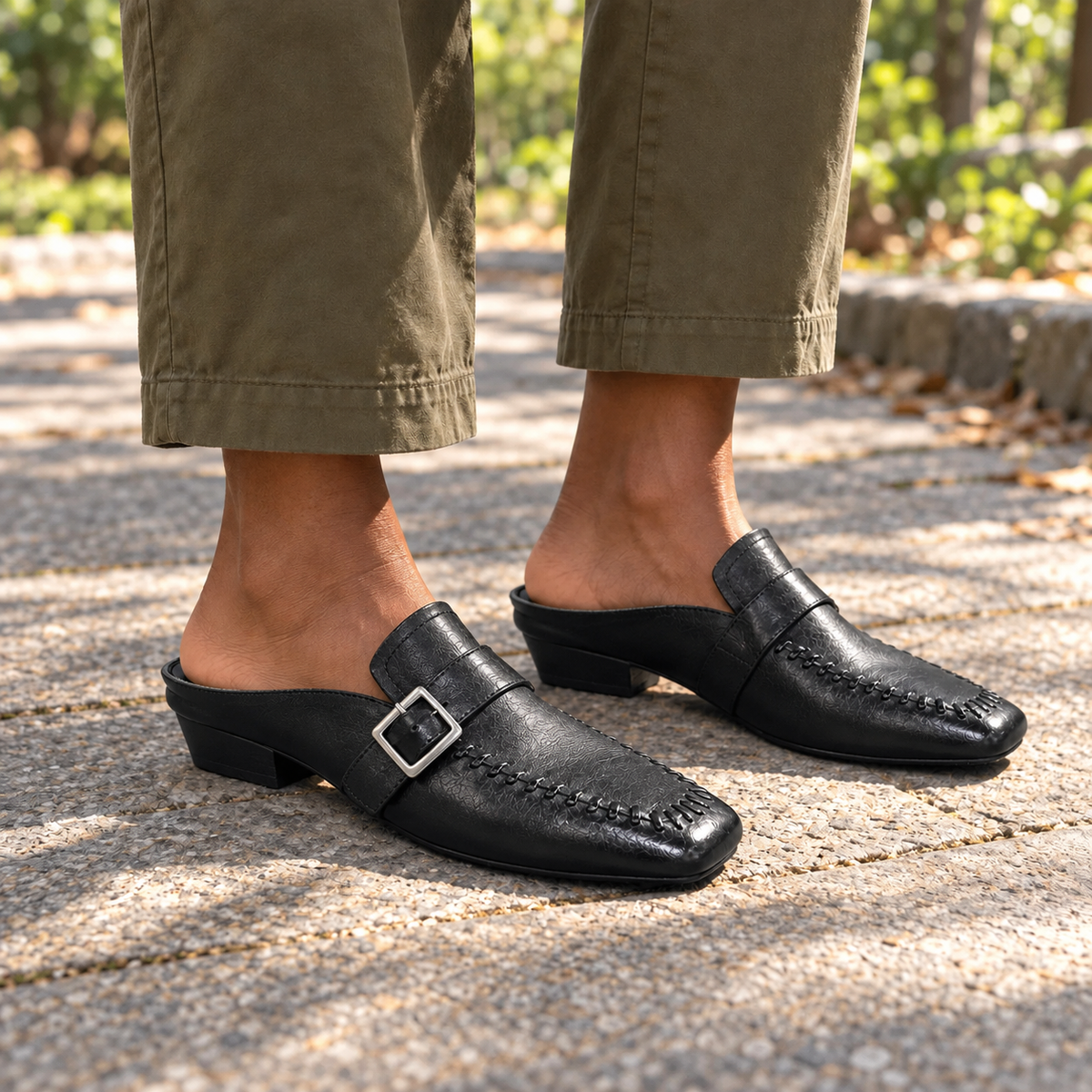 Black Washed Cowhide Whipstitch Mules