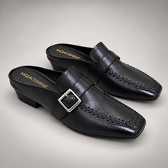 Black Washed Cowhide Whipstitch Mules