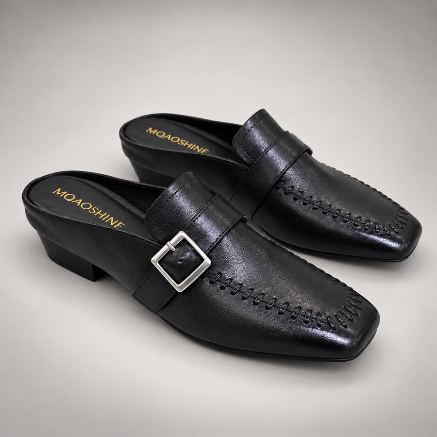 Black Washed Cowhide Whipstitch Mules