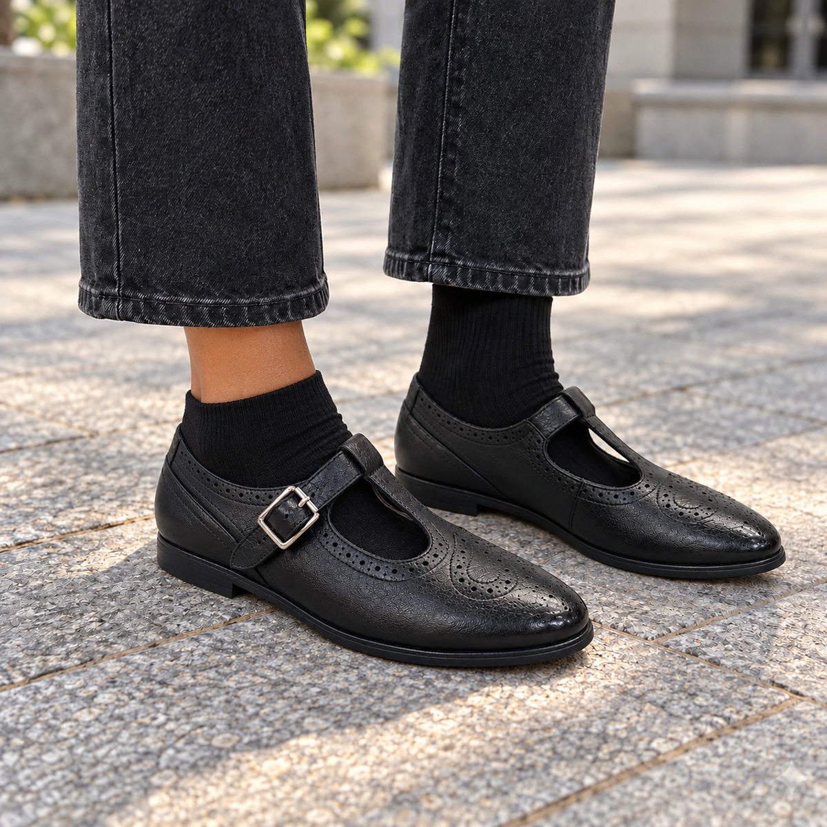 Black Washed Cowhide Brogue T-Strap Flats