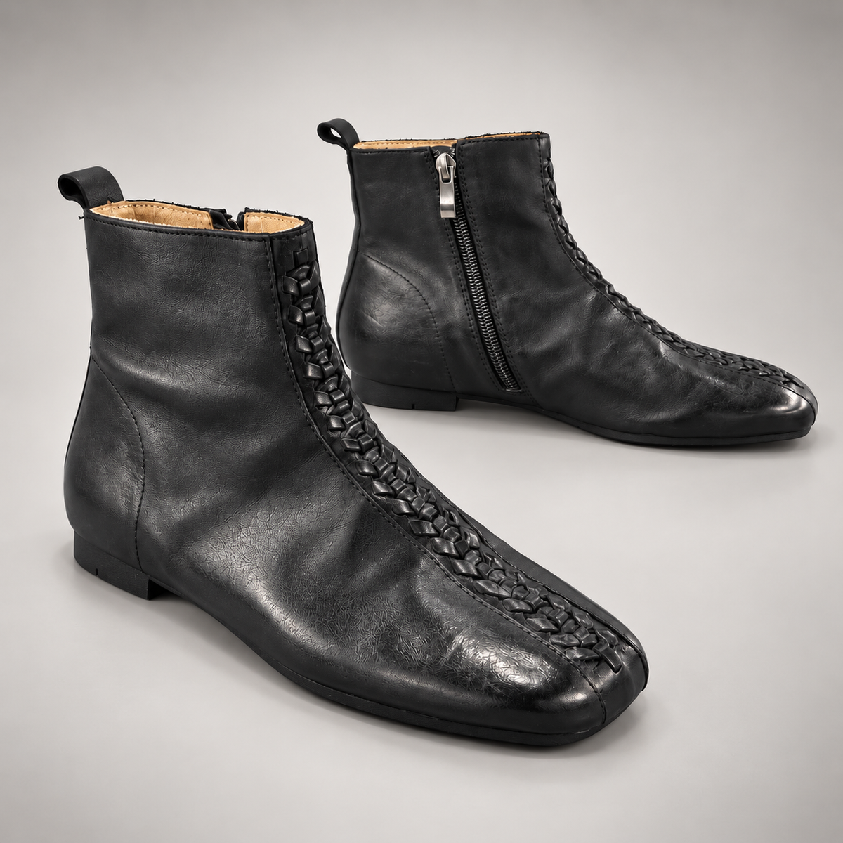 Black Washed Horse Leather Woven-Front Ankle Boots