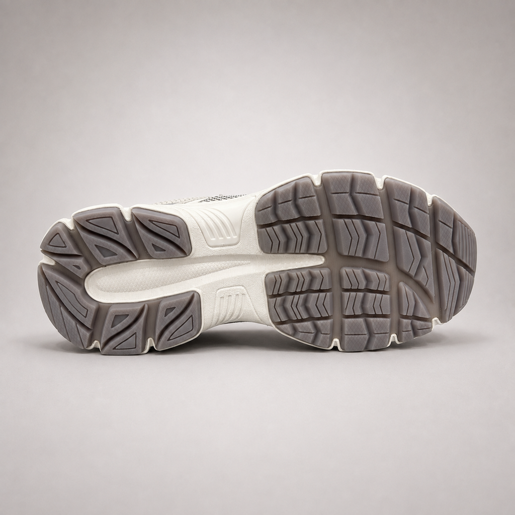 Silver sneaker outsole view showing the rubber outsole