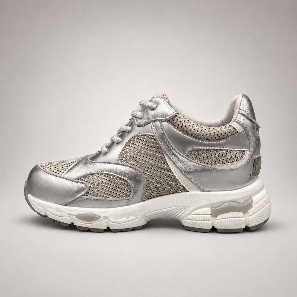 Silver sneaker opposite side profile showing a panelled lace-up upper