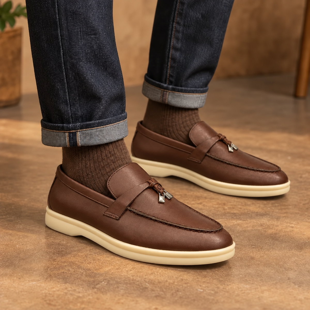Brown Waxed Horse Leather Metal-Accent Loafers