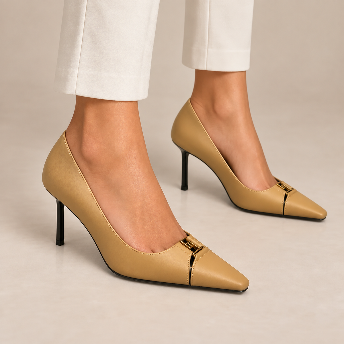 Tan Leather Square-Toe Metal-Accent Pumps