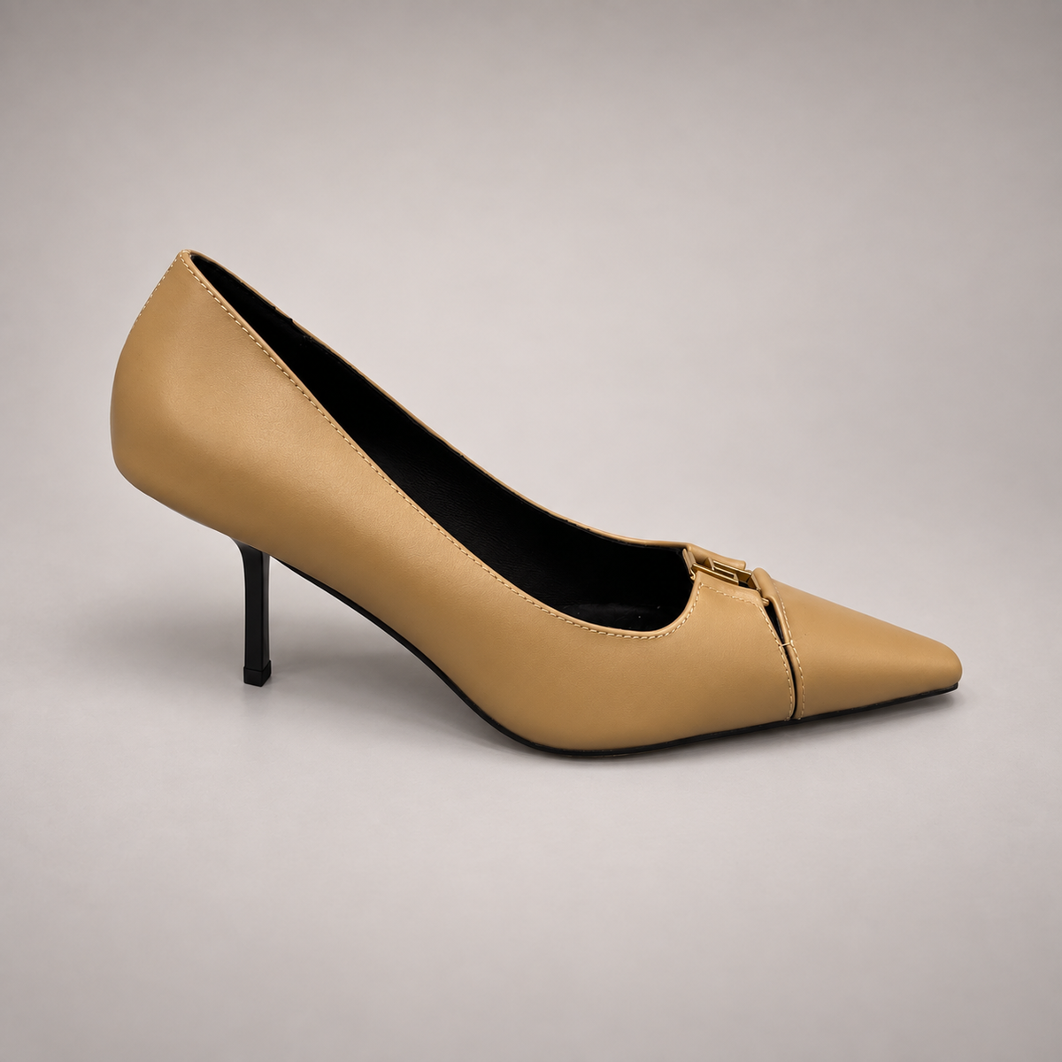 Tan Leather Square-Toe Metal-Accent Pumps