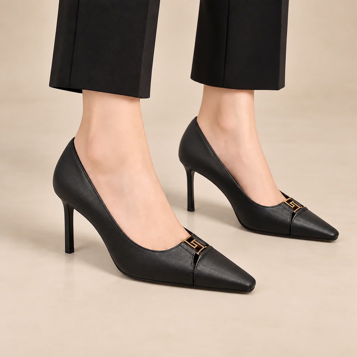 Black Leather Square-Toe Metal-Accent Pumps