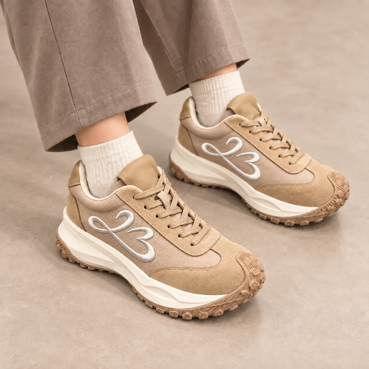Beige Suede Paneled Lace-Up Sneakers