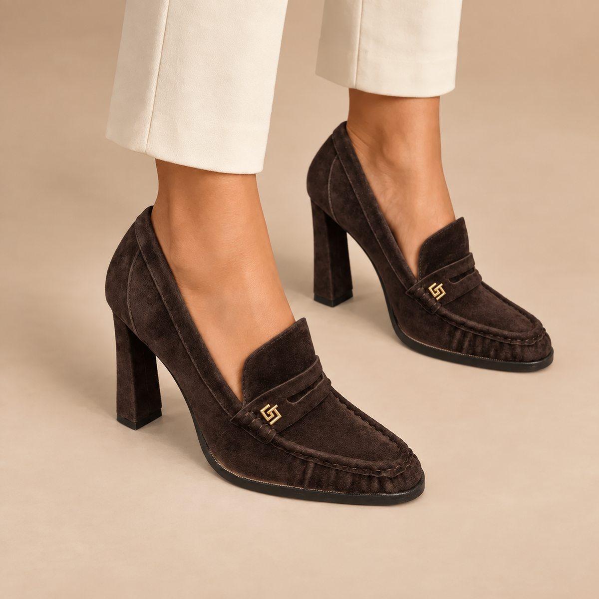 Dark Brown Suede Block-Heel Loafers