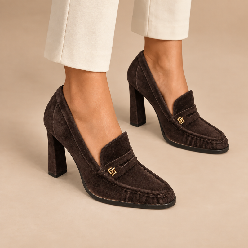 Dark Brown Suede Block-Heel Loafers
