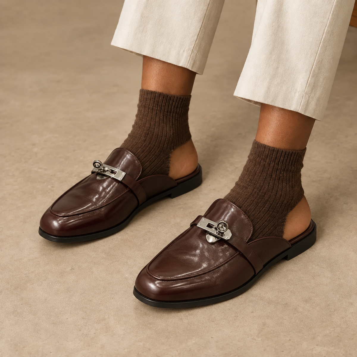 Brown Washed Horse Leather Metal-Accent Mules