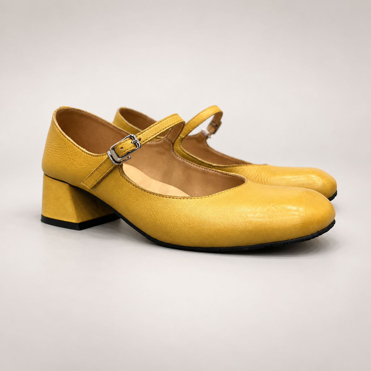 Yellow Washed Horse Leather Block-Heel Mary Jane Pumps