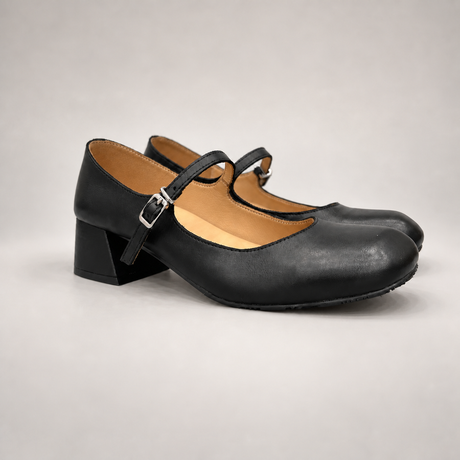 Black Washed Horse Leather Block-Heel Mary Jane Pumps