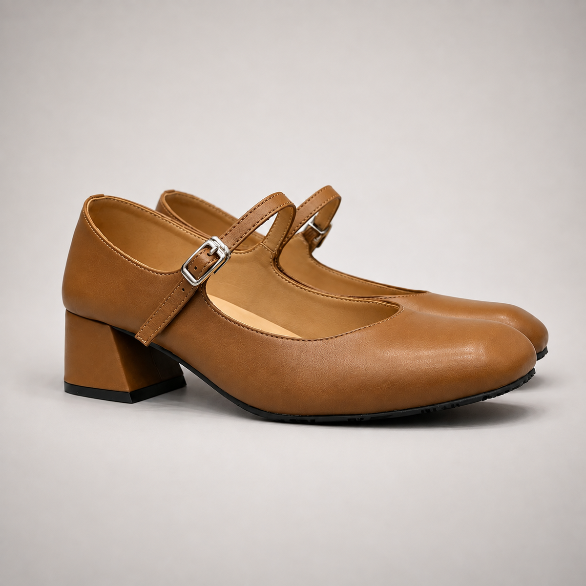 Brown Washed Horse Leather Block-Heel Mary Jane Pumps