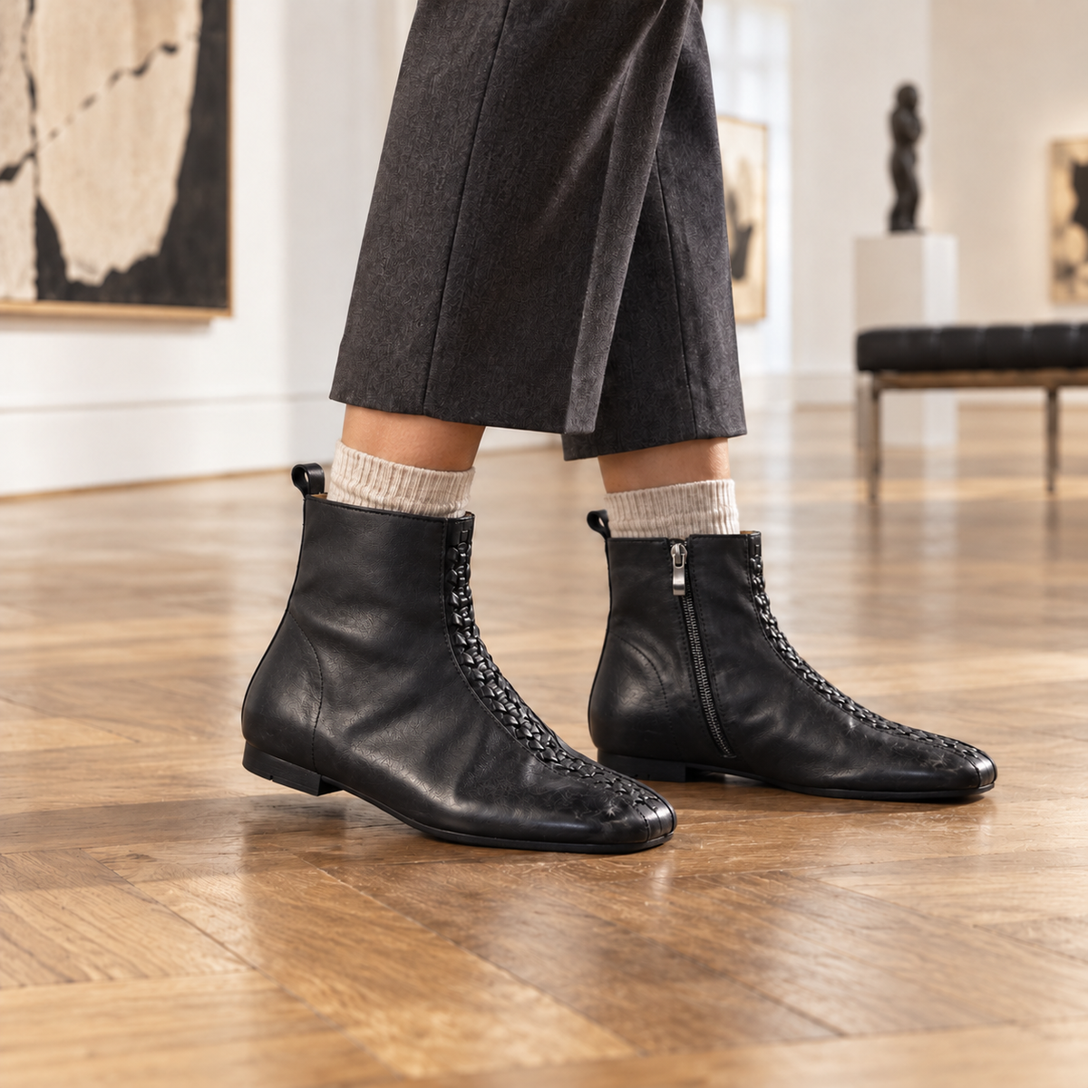 Black Washed Horse Leather Woven-Front Ankle Boots