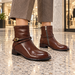 Brown Washed Horse Leather Wraparound Buckle Ankle Boots