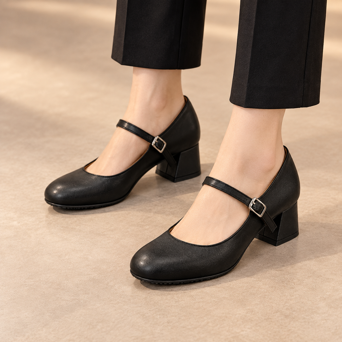 Black water-washed horse leather block-heel Mary Jane pumps worn with black trousers