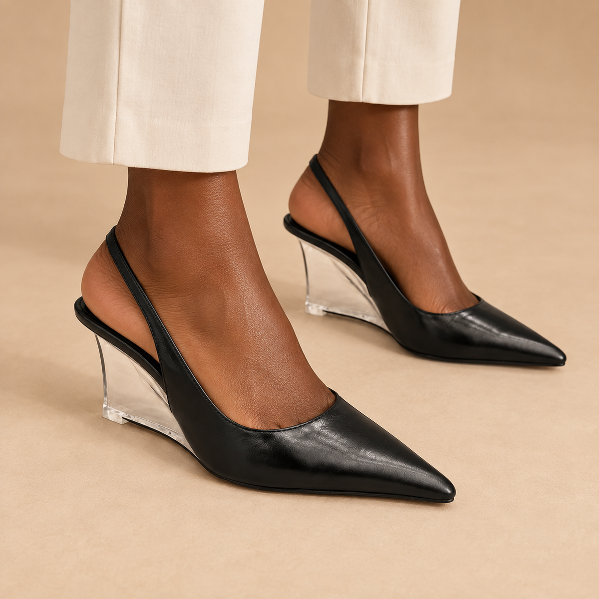 Black pointed-toe clear-wedge slingback pumps worn with ivory trousers