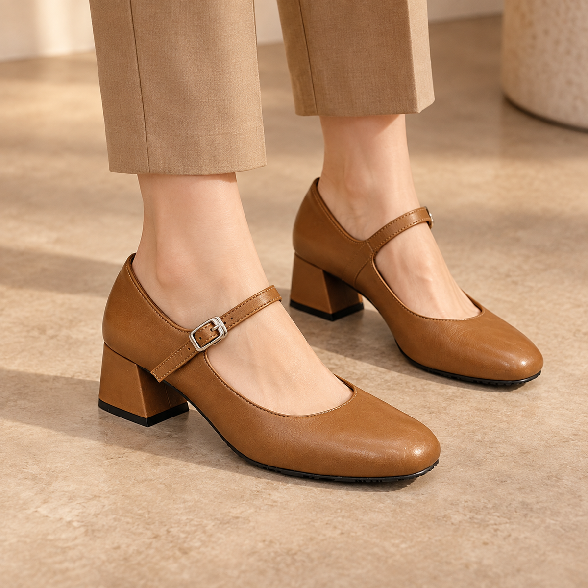 Brown water-washed horse leather block-heel Mary Jane pumps worn with tan trousers