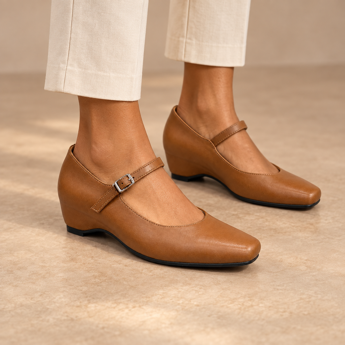 Brown water-washed horse leather internal-lift Mary Jane pumps worn with cream trousers