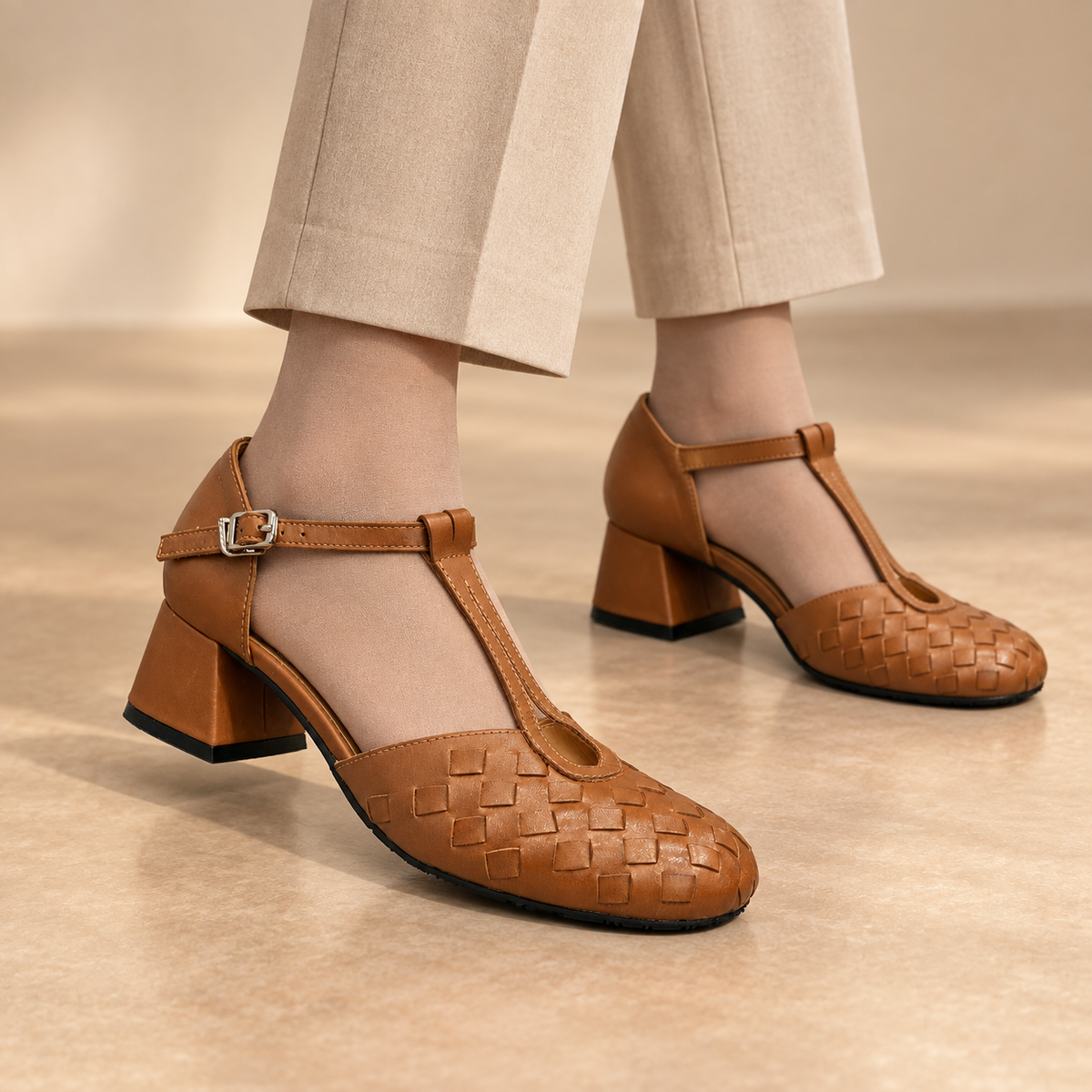 Brown water-washed horse leather T-strap block-heel pumps worn with beige trousers