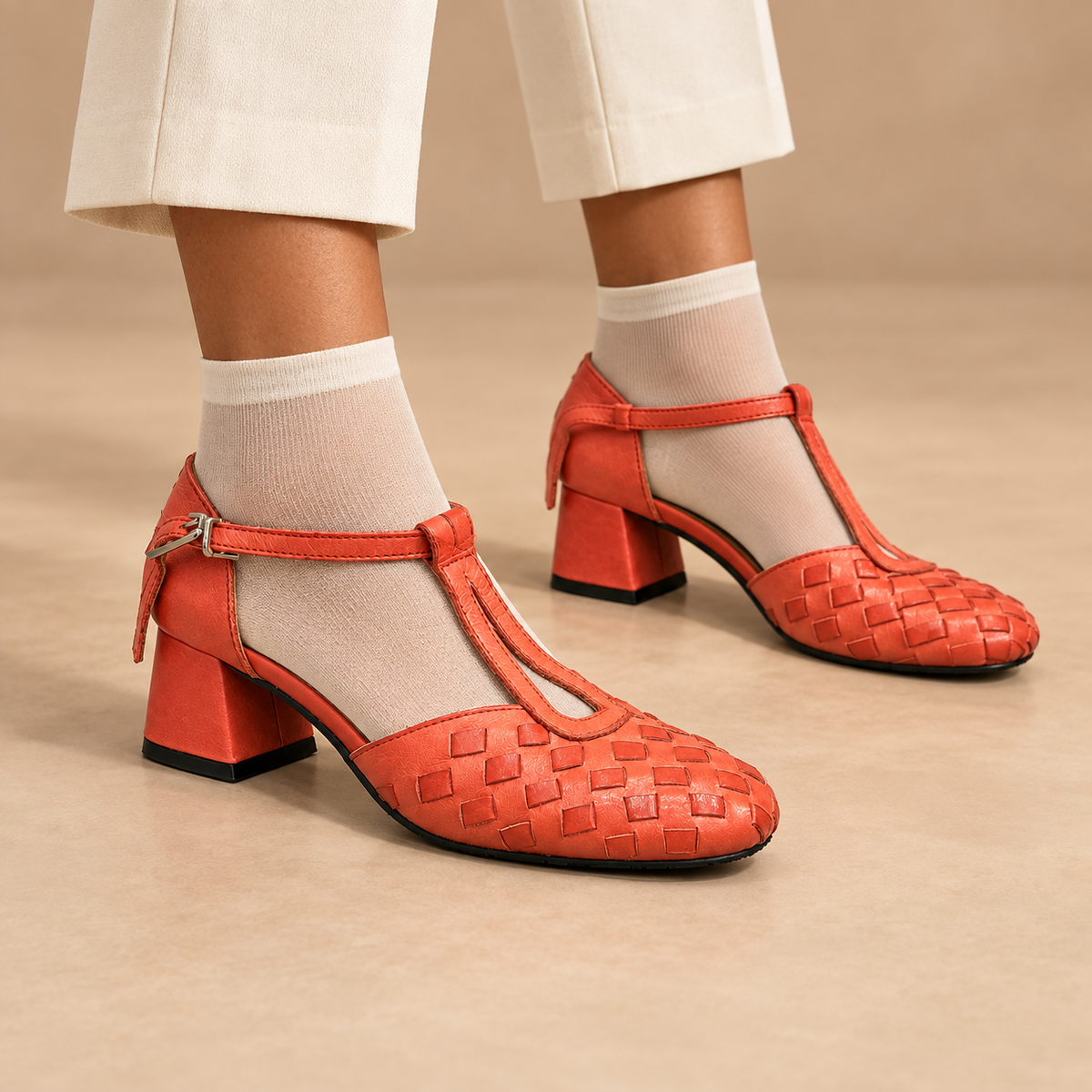 Coral water-washed horse leather T-strap block-heel pumps worn with cream trousers