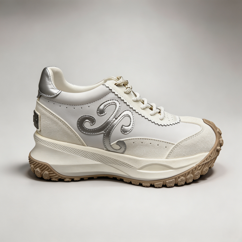 Silver sneaker opposite side profile showing a panelled lace-up upper