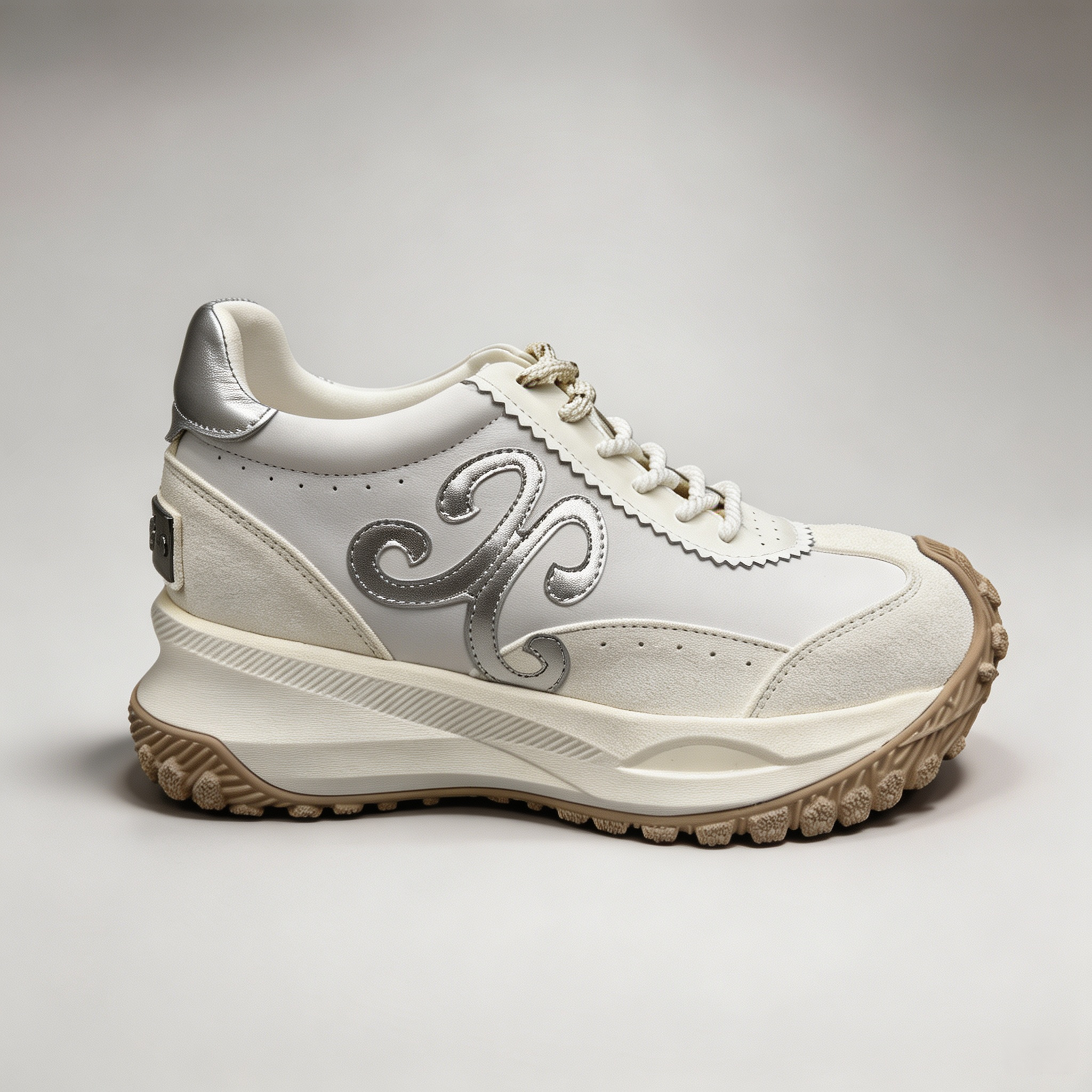 Silver sneaker opposite side profile showing a panelled lace-up upper