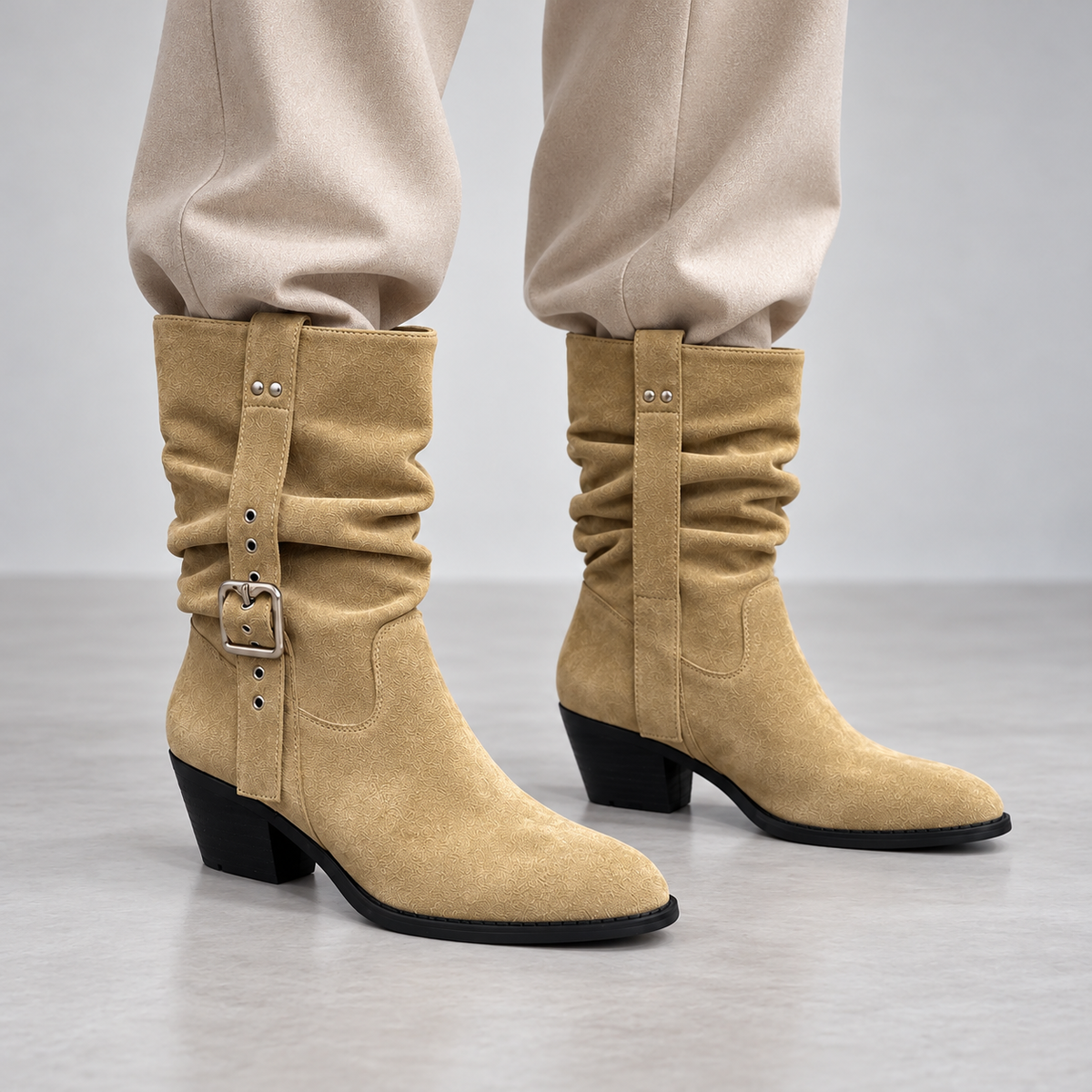 Taupe Suede Eyelet Strap Mid-Calf Boots