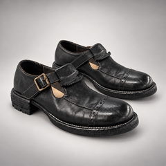 Black Washed Horse Leather Buckle-Strap Cap-Toe Mary Jane Shoes