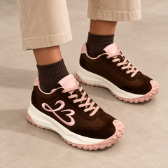 Dark-brown suede panelled lace-up sneakers worn with beige chinos and brown socks