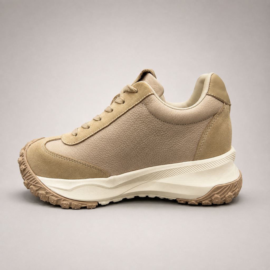 Beige sneaker opposite side profile showing a panelled lace-up upper