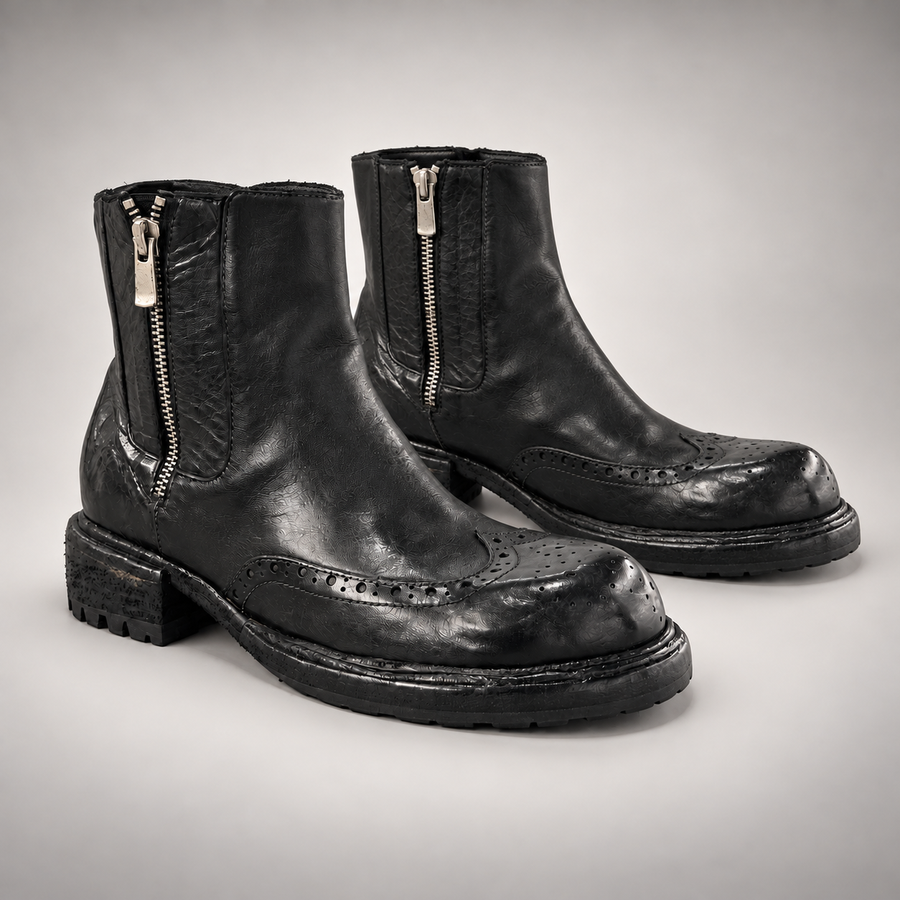 Black Washed Horse Leather Brogue-Toe Side-Zip Ankle Boots
