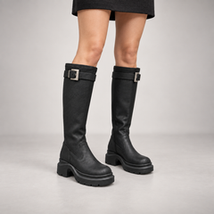 Black Buckled Knee-High Boots