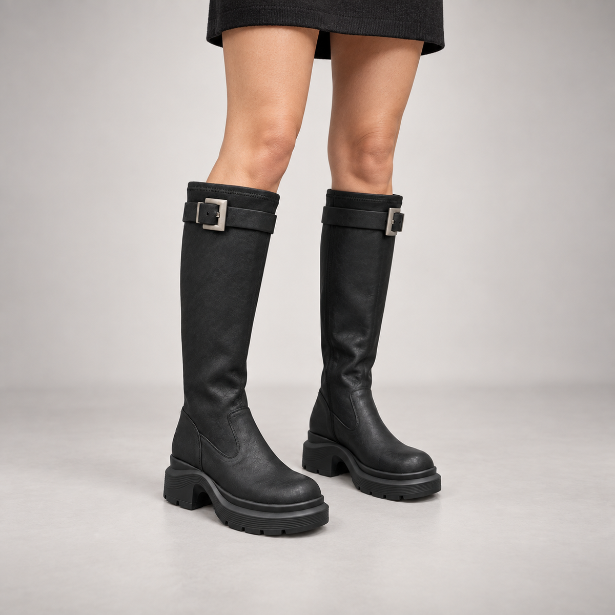 Black Buckled Knee-High Boots