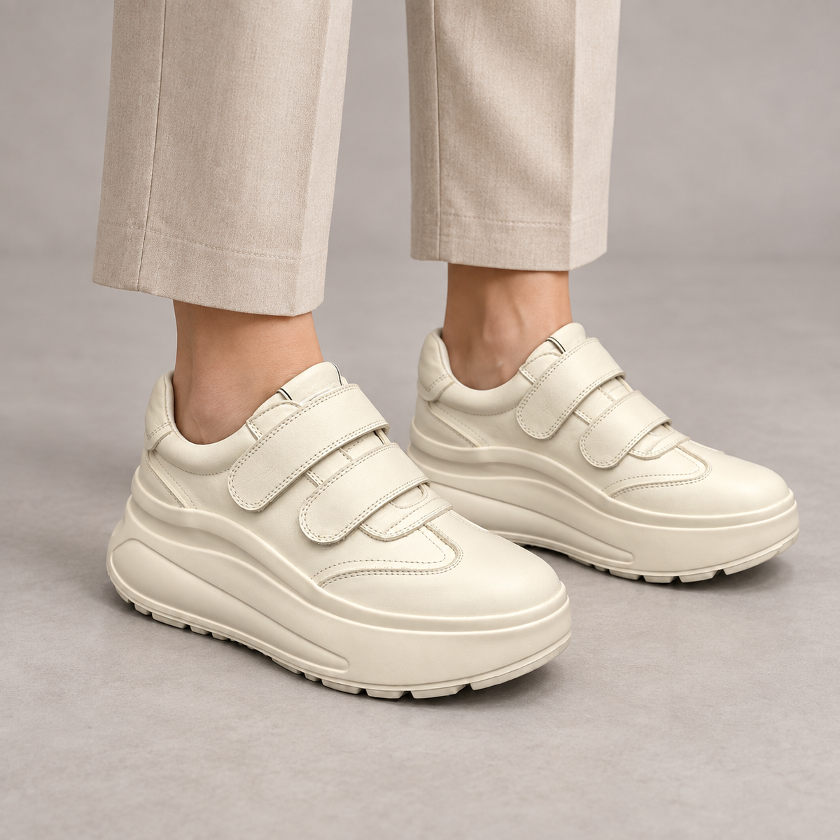Ivory Double-Strap Platform Sneakers