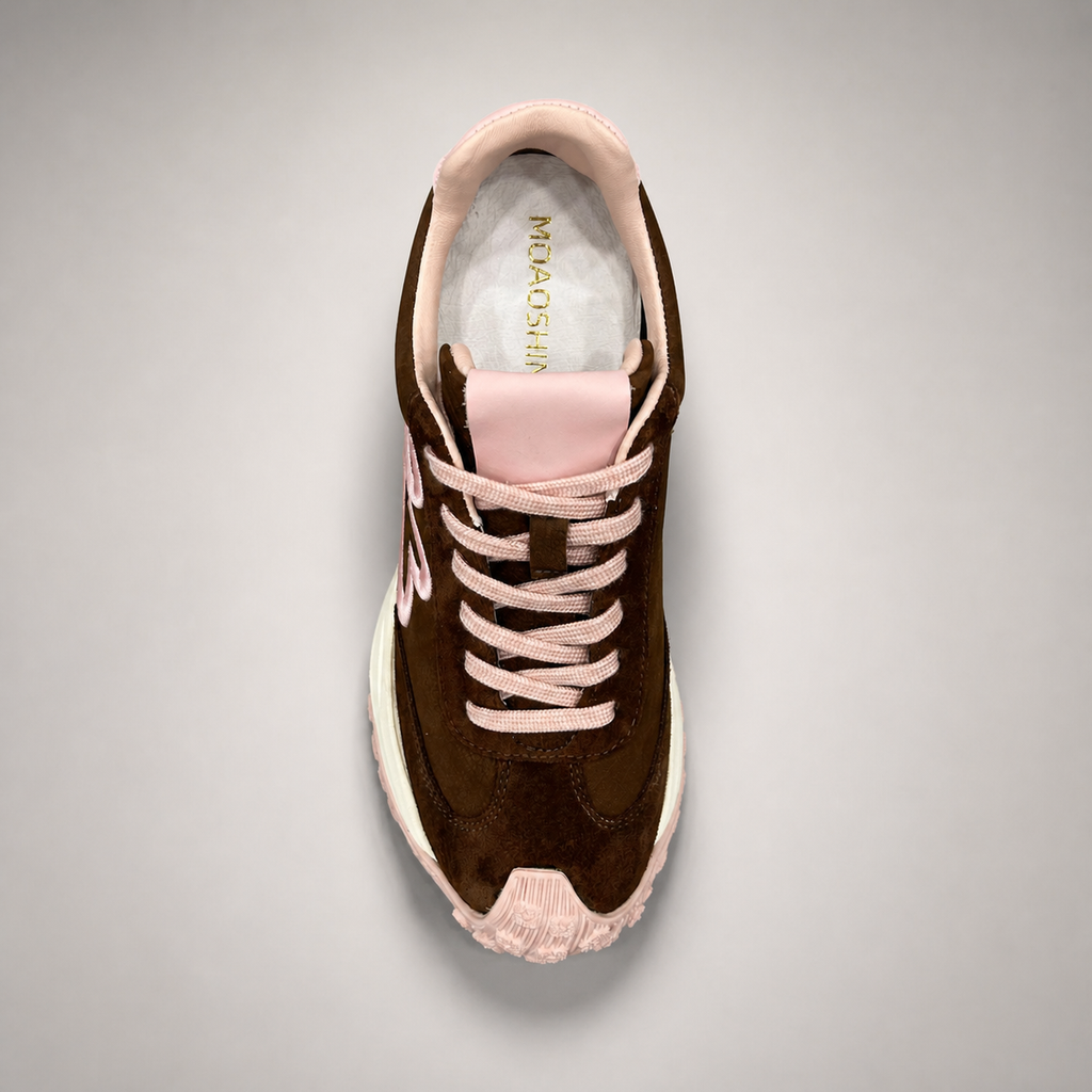 Dark Brown sneaker top view showing a panelled lace-up upper