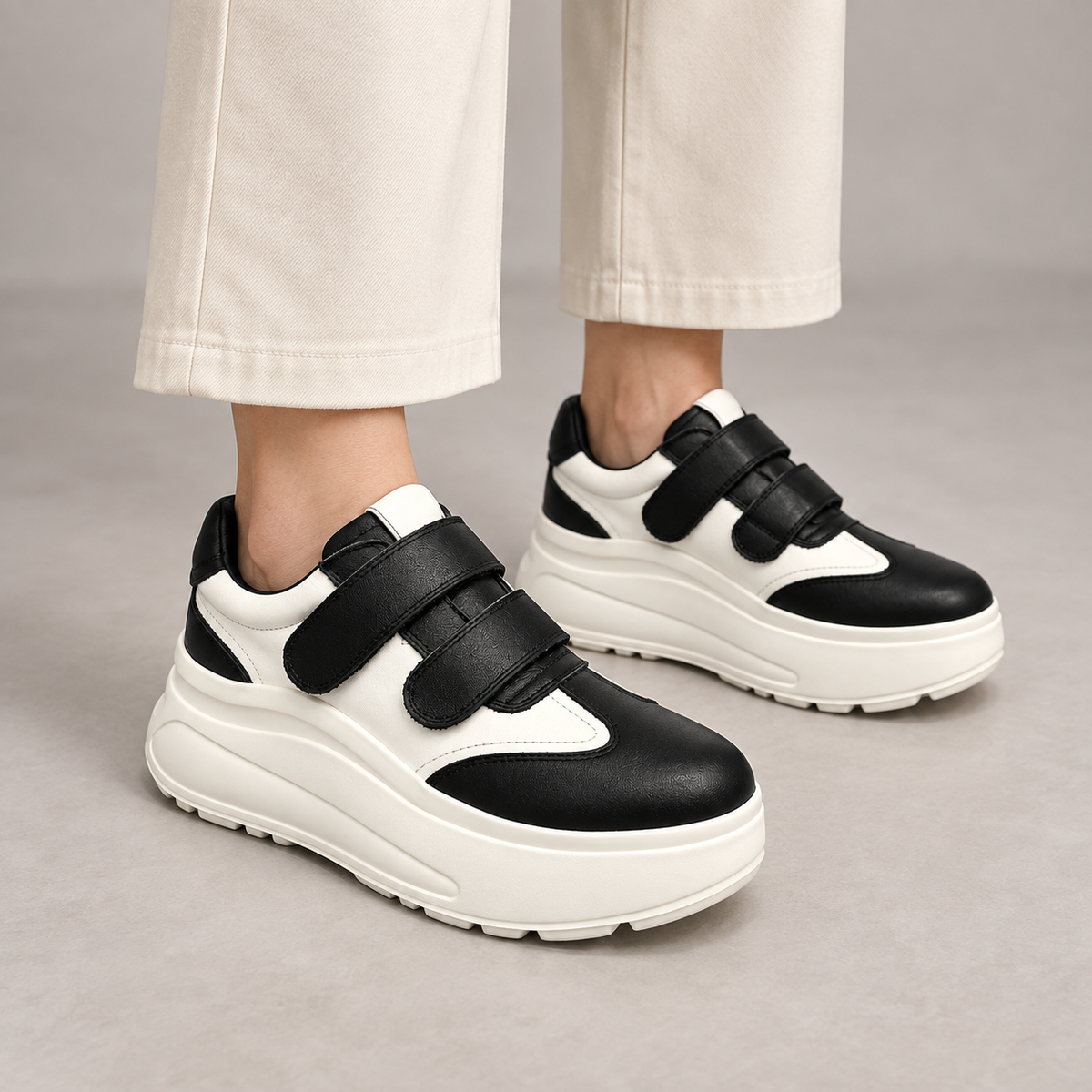 Black and White Triple-Strap Platform Sneakers