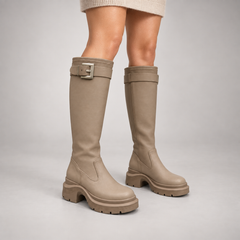 Taupe Buckled Knee-High Boots