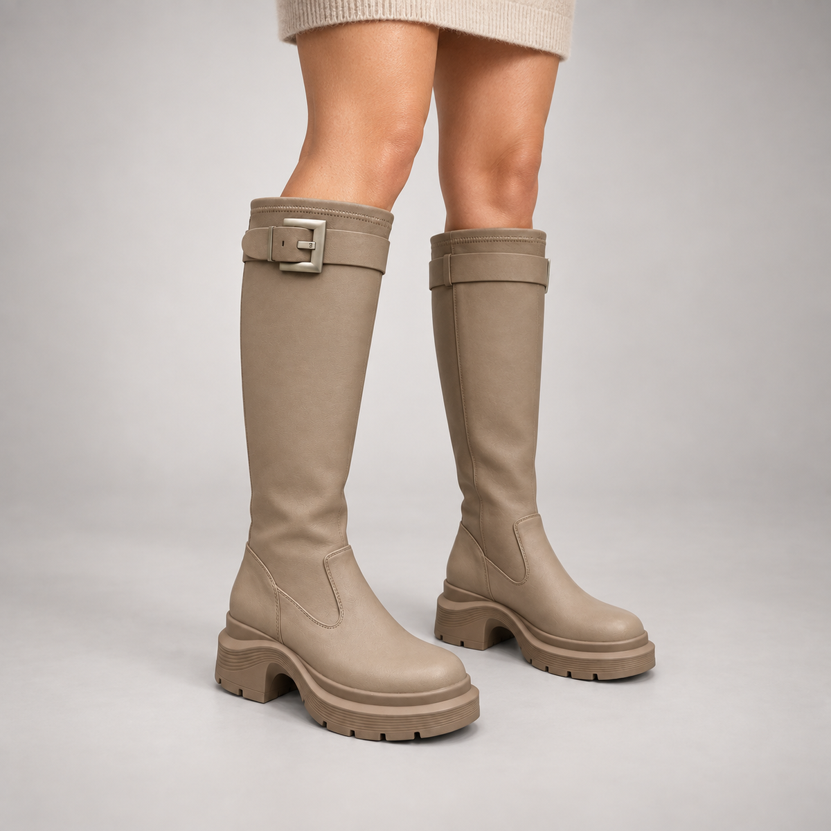 Taupe Buckled Knee-High Boots