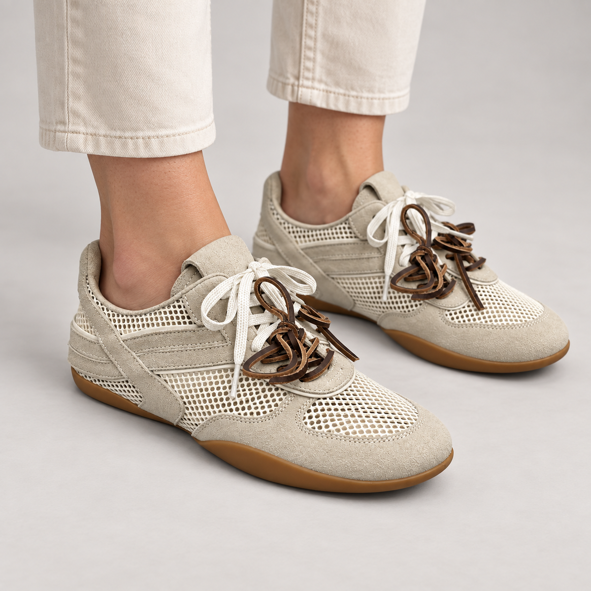 Beige Mesh Brown-Lace Sneakers