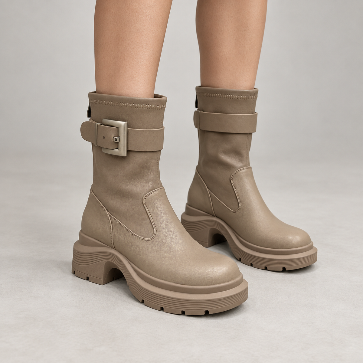 Taupe Buckled Mid-Calf Boots